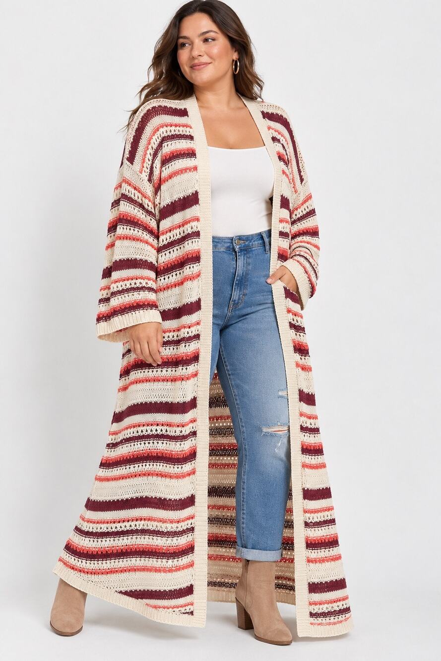Torrid Striped Crochet Duster Cardigan Size 3 3X Cotton Boho Longline